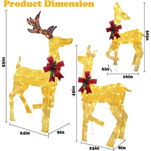 Set of 3 Lighted Christmas Deer Decor with 275 LED, Large Light Up Gold Reindeer - Picture 6 of 6